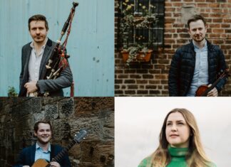 Graham Mackenzie (Geige), Eilidh Cormack (Gesang) und David Shedden (Dudelsack), unterstützt von Innes White (Gitarre)